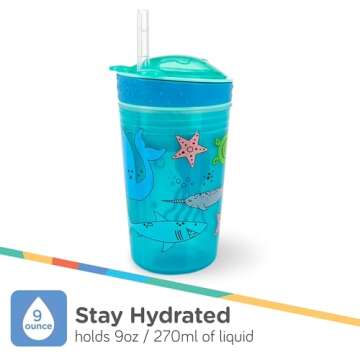 Nuby All in One Snack Bowl and No Spill Soft Straw Cup - 1 Pack Multicolor Snack N' Sip - Holds: 4.5 oz Container with Lid and 9 oz/ 270 ml Straw Cup (12 Months +)