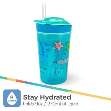 Nuby All in One Snack Bowl and No Spill Soft Straw Cup - 1 Pack Multicolor Snack N' Sip - Holds: 4.5 oz Container with Lid and 9 oz/ 270 ml Straw Cup (12 Months +)