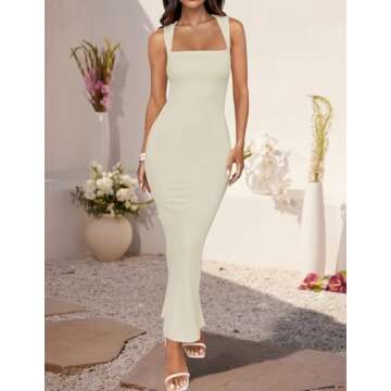 ZESICA Women's Summer Bodycon Midi Dress Sleeveless Square Neck Slim Fit Back Slit Long Cocktail Par...