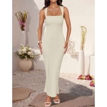ZESICA Women's Summer Bodycon Midi Dress Sleeveless Square Neck Slim Fit Back Slit Long Cocktail Party Dresses,Apricot,Medium