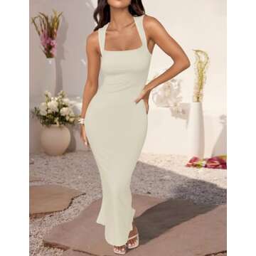 ZESICA Women's Summer Bodycon Midi Dress Sleeveless Square Neck Slim Fit Back Slit Long Cocktail Party Dresses,Apricot,Medium
