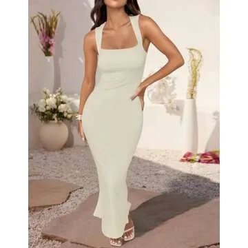 ZESICA Women's Summer Bodycon Midi Dress Sleeveless Square Neck Slim Fit Back Slit Long Cocktail Party Dresses,Apricot,Medium