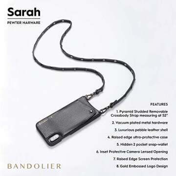 Bandolier Sarah Crossbody Phone Case and Wallet - Black Leather with Pewter Detail - for iPhone X/XS