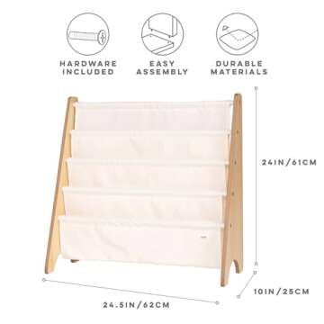 3 Sprouts Recycled Fabric Kids Bookshelf – 4-Tier Sling Book Rack Storage - Kids Room Book Shelves, Nursery, Playroom, Classroom - Bookcase Display Shelf for Toddler, Children Age 3+ - Solid Cream