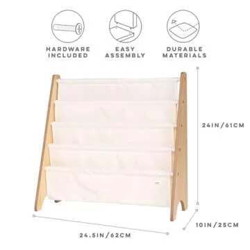 3 Sprouts Recycled Fabric Kids Bookshelf – 4-Tier Sling Book Rack Storage - Kids Room Book Shelves, Nursery, Playroom, Classroom - Bookcase Display Shelf for Toddler, Children Age 3+ - Solid Cream