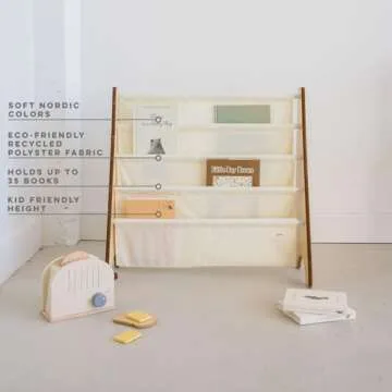 3 Sprouts Recycled Fabric Kids Bookshelf – 4-Tier Sling Book Rack Storage - Kids Room Book Shelves, Nursery, Playroom, Classroom - Bookcase Display Shelf for Toddler, Children Age 3+ - Solid Cream