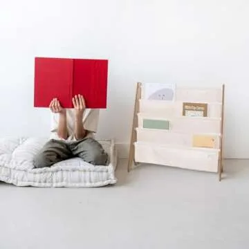 3 Sprouts Recycled Fabric Kids Bookshelf – 4-Tier Sling Book Rack Storage - Kids Room Book Shelves, Nursery, Playroom, Classroom - Bookcase Display Shelf for Toddler, Children Age 3+ - Solid Cream