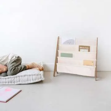 3 Sprouts Recycled Fabric Kids Bookshelf – 4-Tier Sling Book Rack Storage - Kids Room Book Shelves, Nursery, Playroom, Classroom - Bookcase Display Shelf for Toddler, Children Age 3+ - Solid Cream