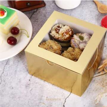 BAKIPACK 25 Gold Bakery Boxes with Window for Desserts & Treats