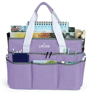 JJRING Craft Organizer Tote Bag, Large Art Storage Caddy with Multiple Pockets, Lilac Sewing Bag for Art, Craft, Scrapbooking, School, Medical, and Office Supplies Storage
