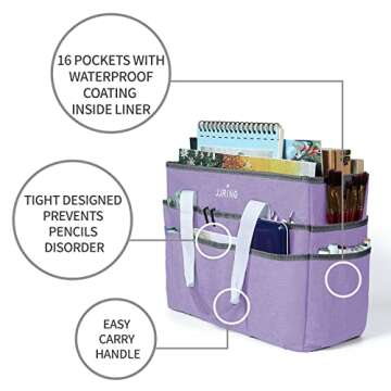JJRING Craft Organizer Tote Bag, Large Art Storage Caddy with Multiple Pockets, Lilac Sewing Bag for Art, Craft, Scrapbooking, School, Medical, and Office Supplies Storage
