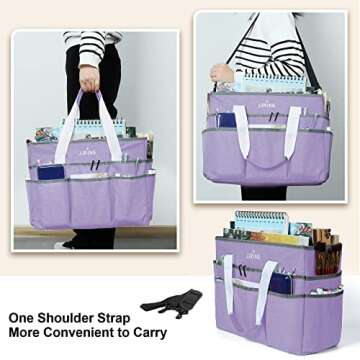JJRING Craft Organizer Tote Bag, Large Art Storage Caddy with Multiple Pockets, Lilac Sewing Bag for Art, Craft, Scrapbooking, School, Medical, and Office Supplies Storage