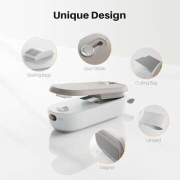 ODSD Bag Sealer, 2 in 1 Mini Bag Sealer Heat Seal and Cutter with Lanyard, Portable Handheld Chip Ba...