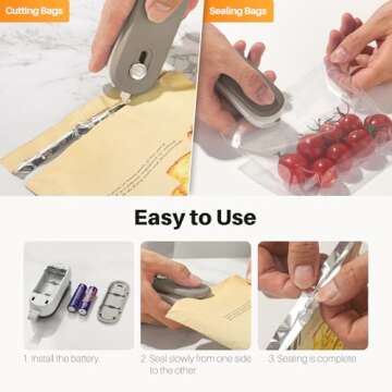 ODSD Bag Sealer, 2 in 1 Mini Bag Sealer Heat Seal and Cutter with Lanyard, Portable Handheld Chip Bag Sealer Heat Sealer for Snacks Candies Plastic Bag Food Storage (Batteries Included)