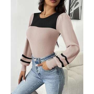 Zeagoo Women 2024 Long Puff Sleeve Sweater Fall Slim Fit Pullover Tops Crewneck Ribbed Knit Bodysuit Jumpsuit Red Small