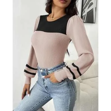 Zeagoo Women 2024 Long Puff Sleeve Sweater Fall Slim Fit Pullover Tops Crewneck Ribbed Knit Bodysuit Jumpsuit Red Small