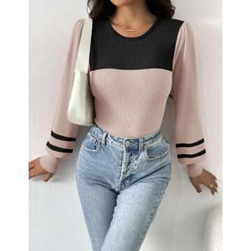 Zeagoo Women 2024 Long Puff Sleeve Sweater Fall Slim Fit Pullover Tops Crewneck Ribbed Knit Bodysuit Jumpsuit Red Small