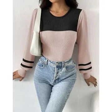 Zeagoo Women 2024 Long Puff Sleeve Sweater Fall Slim Fit Pullover Tops Crewneck Ribbed Knit Bodysuit Jumpsuit Red Small