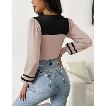 Zeagoo Women 2024 Long Puff Sleeve Sweater Fall Slim Fit Pullover Tops Crewneck Ribbed Knit Bodysuit Jumpsuit Red Small