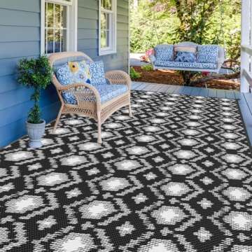 ROMROL Outdoor Rug, 5x8ft Outdoor Plastic Straw Rug, Reversible Outdoor Mats, Area Rug Decor, Waterproof, Portable, Camping Mat and Rug for Indoor, Outdoors, RV, Patio, Outside, Black and White