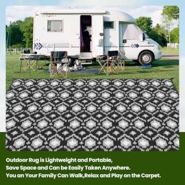 ROMROL Outdoor Rug, 5x8ft Outdoor Plastic Straw Rug, Reversible Outdoor Mats, Area Rug Decor, Waterproof, Portable, Camping Mat and Rug for Indoor, Outdoors, RV, Patio, Outside, Black and White