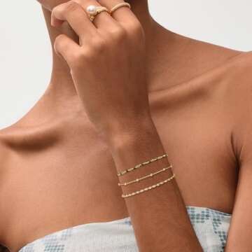 MEVECCO Dainty Gold Beads Bracelets,18K Gold Plated Handmade Cute Emerald Zircon Bead Chain Minimali...