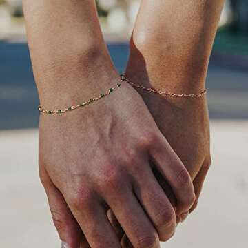 MEVECCO Dainty Gold Beads Bracelets,18K Gold Plated Handmade Cute Emerald Zircon Bead Chain Minimalist Bracelet for Women Jewelry Gifts