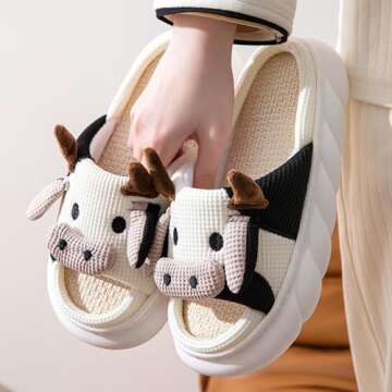 Gaolinci Cartoon Animal Shape Slippers, Womens Four Seasons Home Linen Slippers (Cow-US 6.5-7.5)