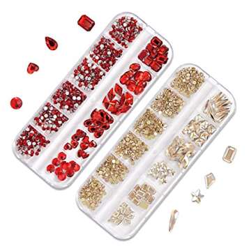 WOKOTO 2 Box Flat Back Champagne And Red Nail Rhinestones And Crystal Set For Acrylic Nails Fake Diamonds Rhinestones Set With Nail Tweezers And Pencils Kit For Girls Women
