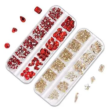 WOKOTO 2 Box Flat Back Champagne And Red Nail Rhinestones And Crystal Set For Acrylic Nails Fake Diamonds Rhinestones Set With Nail Tweezers And Pencils Kit For Girls Women
