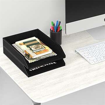 Leather Letter Tray, Thipoten Stackable Desk Organizer Holder for Office Supplies, Paper, File, Magazine, Perfect Office Organization for Desktop (Black-2Tiers)