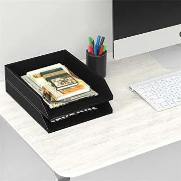Leather Letter Tray, Thipoten Stackable Desk Organizer Holder for Office Supplies, Paper, File, Magazine, Perfect Office Organization for Desktop (Black-2Tiers)