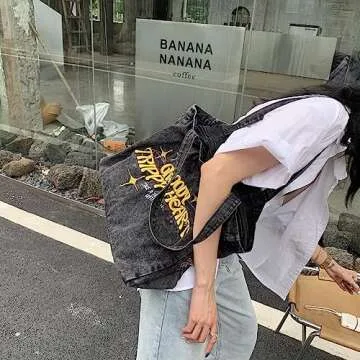 Lefe Liee denim Aesthetic Tote Bag for Women, Large Shoulder Hobo Bags big Capacity Shopping Work Bag black hippie crossbody bag y2k bag trendy with pockets