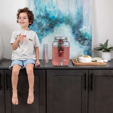 2-Gallon Glass Liquor Decanter Drink Dispenser for Parties - 100% Leakproof Stainless Steel Spigot + Marker & Label and Fruit Infuser, Water Beverage Dispenser Liquid Laundry Detergent Dispenser