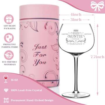 Gifts for Women, Birthday Gifts for Aunt, 16oz White Wine Glass Vintage Engraved Auntie Crystal Glass Birthday Decorations for Aunt Gifts Present