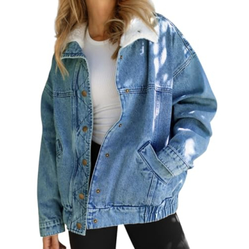 Tankaneo Womens Oversized Denim Jackets Sherpa Collar Button Down Jean Jacket Fall Warm Shacket Coat...