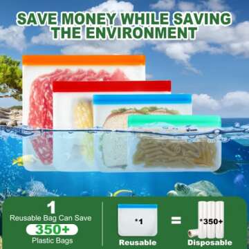 14 Pack Reusable Food Storage Silicone Bags, 2 Large Food Storage Bags 2 Gallon Freezer Bags 4 Sandwich Bags Zip Lock 6 Snack Bags, Lunch Home Kitchen Fridge Organization Meal Prep Containers