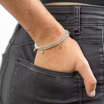 And Lovely 14K Gold or Silver Plated Bead Stretch Bracelet with 14K Gold Plated Star Charm - Stackable Stretch Bracelet - Set of 3 (Silver)