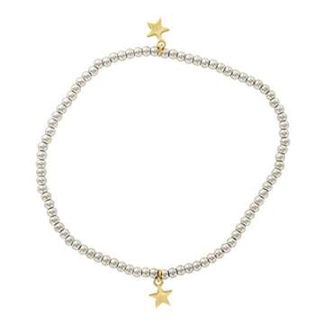 And Lovely 14K Gold or Silver Plated Bead Stretch Bracelet with 14K Gold Plated Star Charm - Stackable Stretch Bracelet - Set of 3 (Silver)