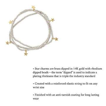 And Lovely 14K Gold or Silver Plated Bead Stretch Bracelet with 14K Gold Plated Star Charm - Stackable Stretch Bracelet - Set of 3 (Silver)