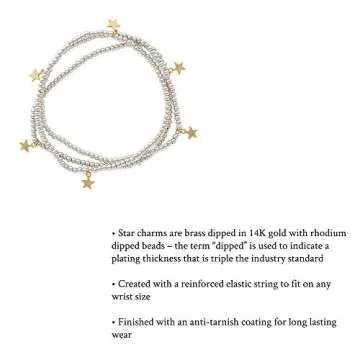 And Lovely 14K Gold or Silver Plated Bead Stretch Bracelet with 14K Gold Plated Star Charm - Stackable Stretch Bracelet - Set of 3 (Silver)
