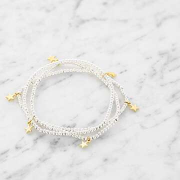 And Lovely 14K Gold or Silver Plated Bead Stretch Bracelet with 14K Gold Plated Star Charm - Stackable Stretch Bracelet - Set of 3 (Silver)