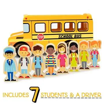 Imagination Generation Back to School Bus Wooden Vehicle Play Set with 8 Character Figures, 7 Students, 1 Bus Driver