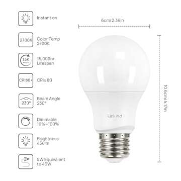 Linkind A19 LED Light Bulbs Dimmable, 40 Watt Equivalent, 6 Pack with 450 Lumens