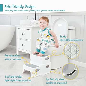 Forbena Toddler Step Stool for Bathroom Sink, 2 Step Stool for Kids Toilet Potty Training, Non-Slip Toddlers Baby Child Kid Plastic Poop Stools with Handle for Kitchen Counter Bed (White-Grey)