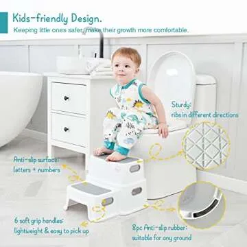 Forbena Toddler Step Stool for Bathroom Sink, 2 Step Stool for Kids Toilet Potty Training, Non-Slip Toddlers Baby Child Kid Plastic Poop Stools with Handle for Kitchen Counter Bed (White-Grey)