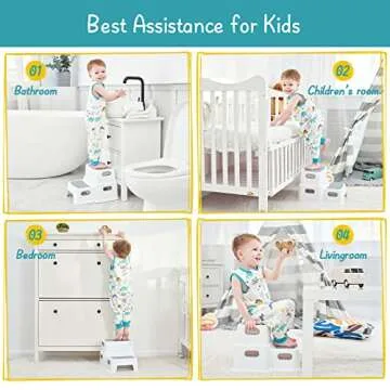 Forbena Toddler Step Stool for Bathroom Sink, 2 Step Stool for Kids Toilet Potty Training, Non-Slip Toddlers Baby Child Kid Plastic Poop Stools with Handle for Kitchen Counter Bed (White-Grey)