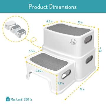 Forbena Toddler Step Stool for Bathroom Sink, 2 Step Stool for Kids Toilet Potty Training, Non-Slip Toddlers Baby Child Kid Plastic Poop Stools with Handle for Kitchen Counter Bed (White-Grey)