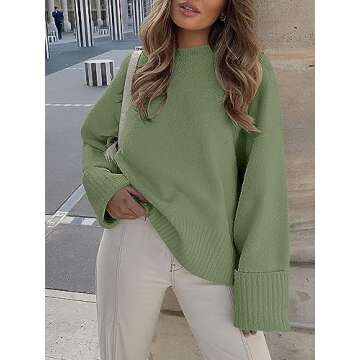 LOGENE Women's Oversized Sweater Crewneck Long Sleeve Soft Fuzzy Knit Pullover Sweaters 2024 Winter Fashion Warm Tops Clothes Amry Green-Large