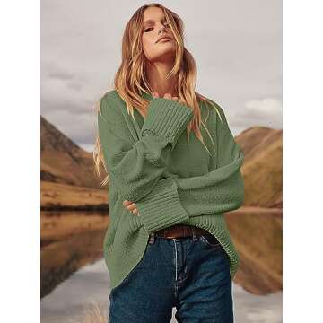 LOGENE Women's Oversized Sweater Crewneck Long Sleeve Soft Fuzzy Knit Pullover Sweaters 2024 Winter Fashion Warm Tops Clothes Amry Green-Large